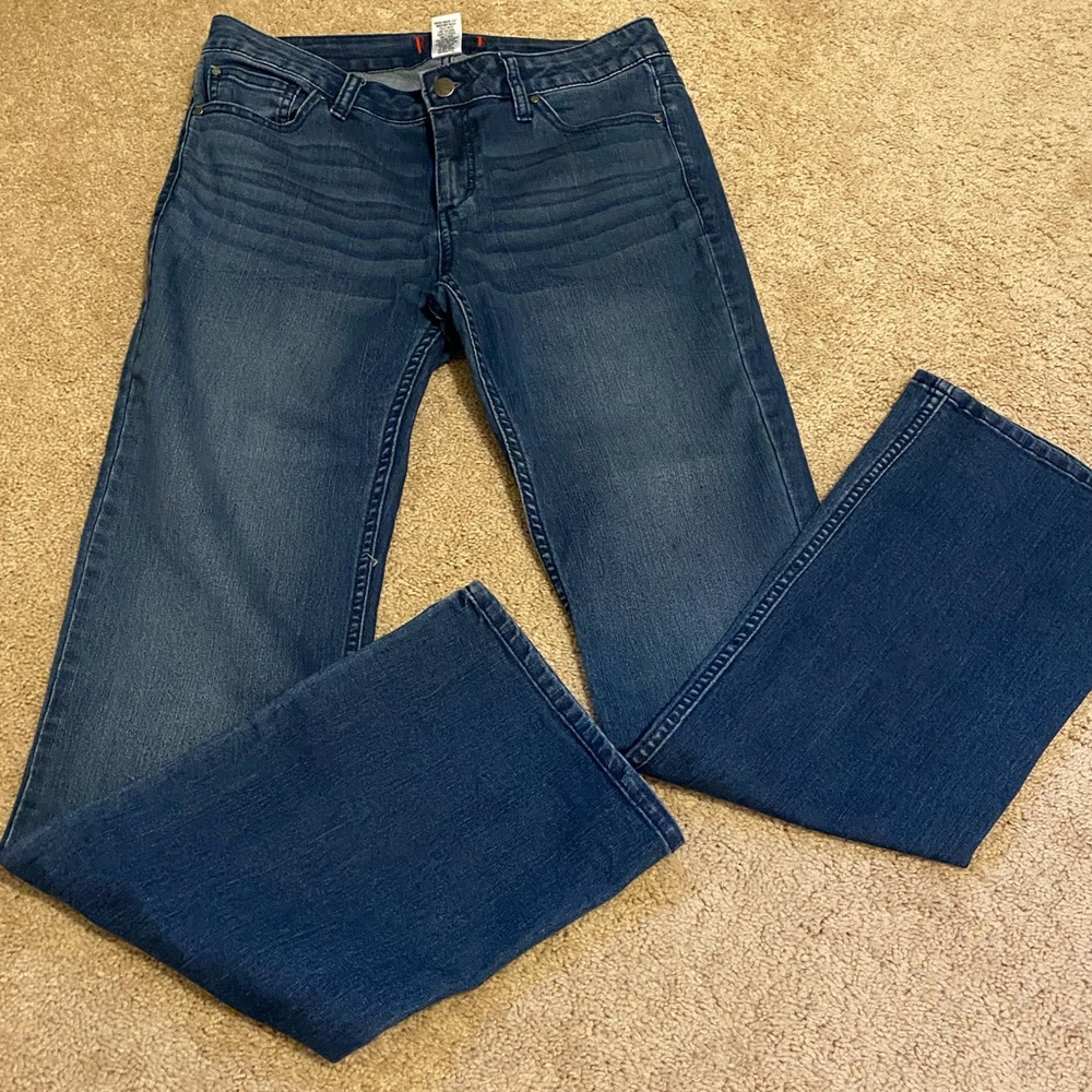 Dark medium wash boot-cut jeans